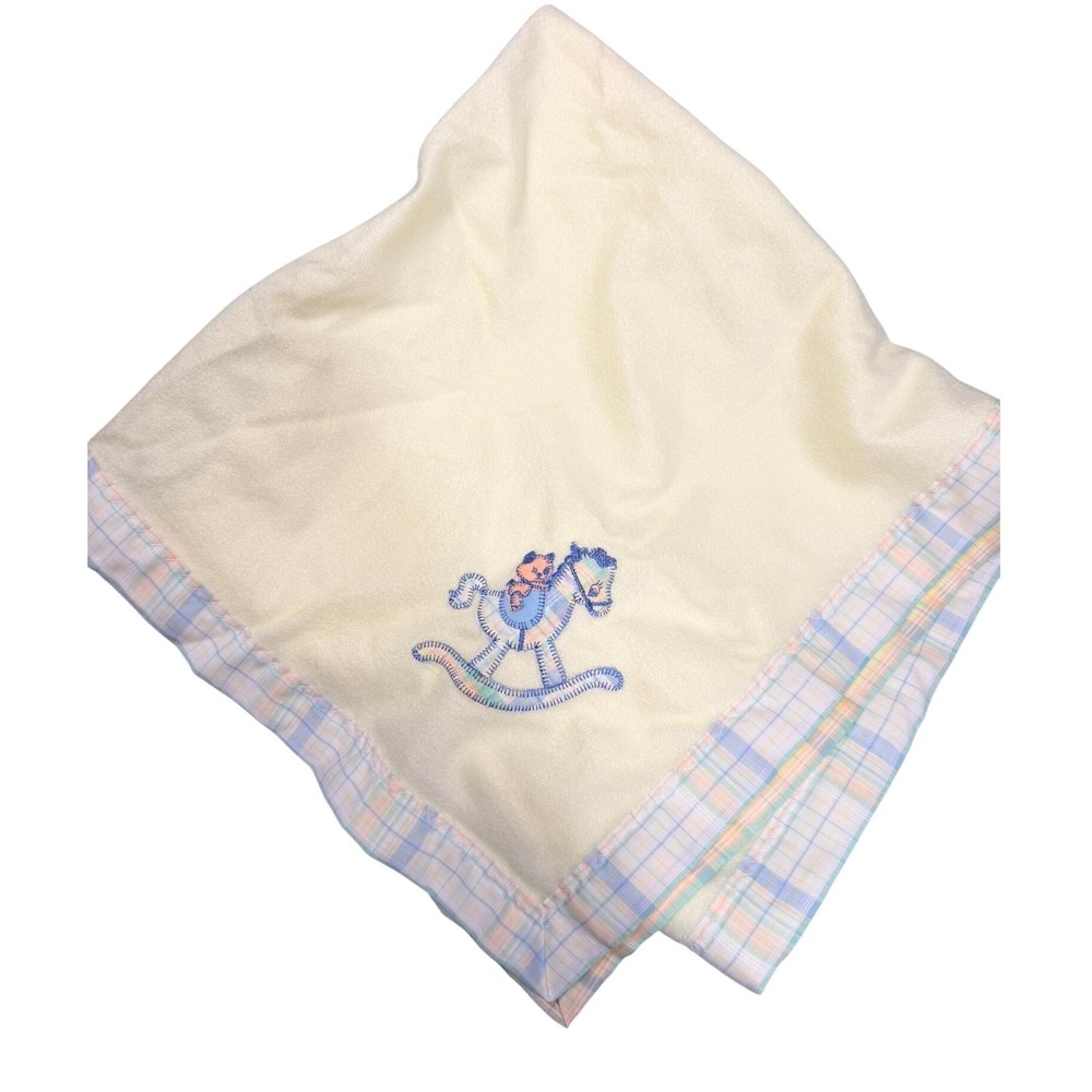 Vintage Yellow Fleece Baby Blanket Rocking Horse Teddy Bear Plaid Trim